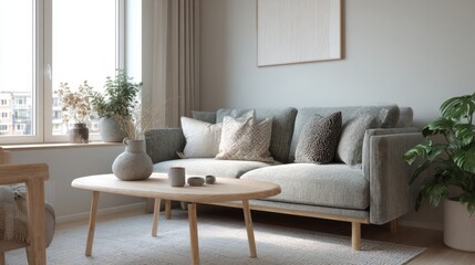 Fototapeta premium Modern living room with a large window on the left side. the window has white curtains and offers a view of the city.