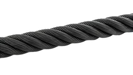 Close-up of a black twisted rope a strong and durable material isolated on white background