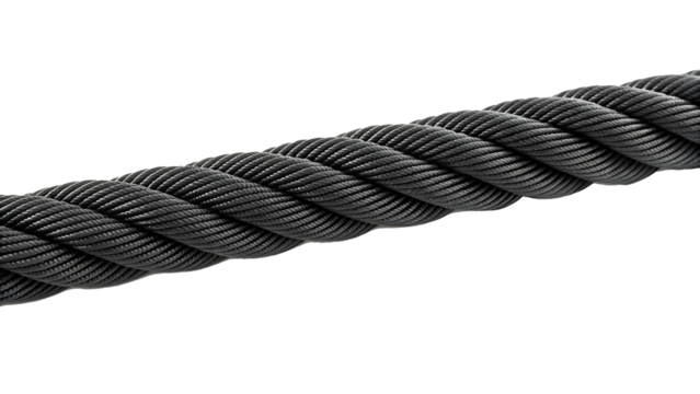 Close-up of a black twisted rope a strong and durable material isolated on white background