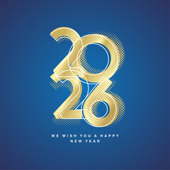 Happy New Year 2026 modern design light golden shining typography with outline and white dotted halftone 2026 numbers blue banner