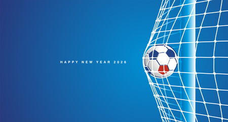 New Year 2026 greeting card. Soccer football ball in goal net on blue background. Direct hit for leadership in 2026 © simbos