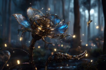 A glowing mechanical flower unfolding under the full moonlight