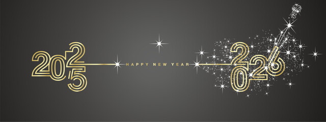 New year event 2026 compact golden triple line design in shape of foreward arrow and backward for 2025. Concept of new year transition with white champagne firework golden black vector greeting card