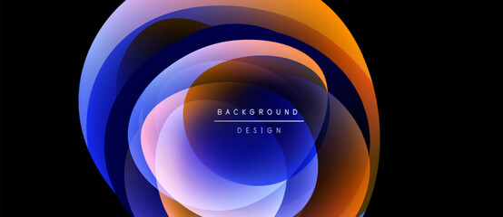 Abstract layers create dynamic oval shape. Vivid colors blend, forming modern background design. Minimalist text adds subtle detail.
