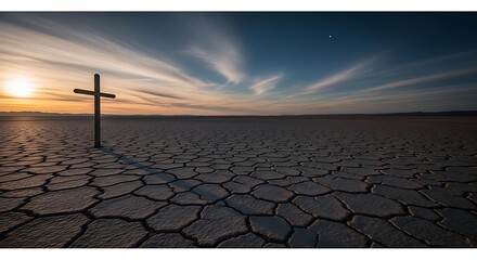 Cross silhouette at sunset on cracked earth symbolizing faith hope and redemption