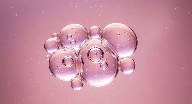 Floating pink bubbles cluster abstract macro photography of liquid droplets in a rosy hue