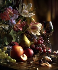 A photorealistic still life of fruits and flowers in the style of the Dutch masters. © Oleg Zhukov