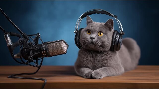 A gray cat wearing headphones sits on a wooden table and meows into a studio microphone. The scene is humorous and ideal for creative advertising, podcast themes, or playful marketing visuals.