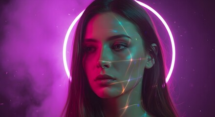 A professional photographic shot of a beautiful woman with neon lighting and a wonderful background