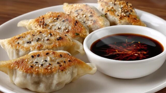 A tantalizing close-up view presents a beautifully arranged plate of golden-brown pan-fried dumplings, offering a mouthwatering visual experience. Each dumpling exhibits a perfectly crispy, golden ext