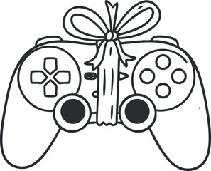 Playful outline vector illustration of a gaming controller wrapped as a gift with a decorative bow, ideal for holiday and celebration designs