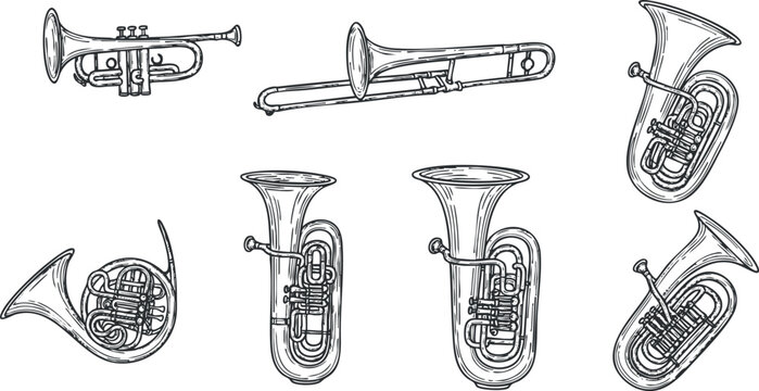 Hand-drawn vector illustration featuring a collection of brass musical instruments including trumpets, tubas, and trombones for music-related designs