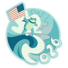 A peaceful protest frog surfing a blue wave with the American flag and 2026 below: A reminder to vote blue in the 2026 midterm elections and protect American democracy