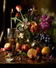 A photorealistic still life of fruits and flowers in the style of the Dutch masters. © Oleg Zhukov