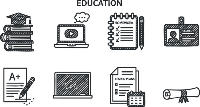 Hand-drawn vector icons set representing education theme, including books, student ID, homework, classroom tools, and online learning.