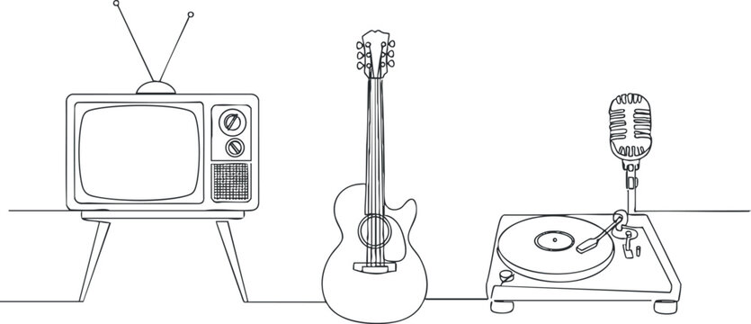 Minimalist line art illustration showcasing retro television, acoustic guitar, microphone, and record player for music and entertainment themes