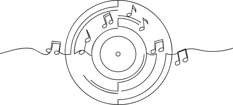 Minimalist line art vector illustration of a circular music design featuring musical notes, perfect for audio branding and creative projects