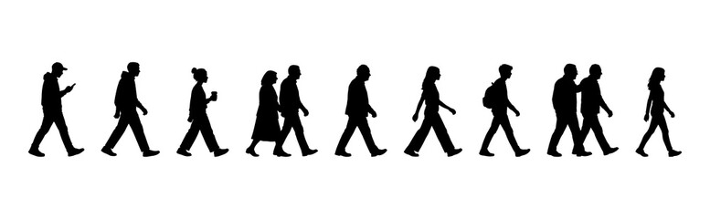 vector illustration. silhouettes of people walking along the street. Large set of characters of different ages.	
