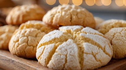 A tempting close-up shot captures an array of freshly baked, delicious cookies artfully arranged on a rustic wooden serving board. Several of the round, textured cookies are generously dusted with fin