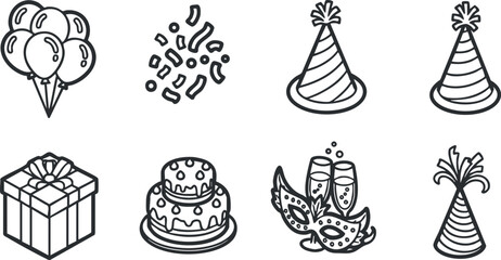 Naklejka premium Outline vector icon set featuring festive elements like balloons, cake, gift box, and party hats for celebration themes