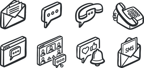 Outline vector icon set illustrating various communication methods including email, messaging, phone calls, and notifications for digital design projects