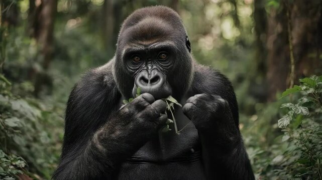 Majestic Gorilla Eating Leaves in Lush Green Forest - Wildlife Close-Up