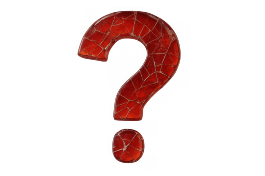 Red shattered question mark showing uncertainty and problem solving on transparent background - Powered by Adobe