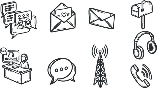 Set of modern vector icons representing communication themes including chat, email, call center, and wireless signals for digital projects.