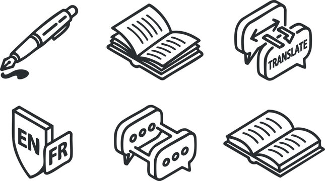 Set of vector icons depicting translation tools including a pen, open book, and language symbols for educational use