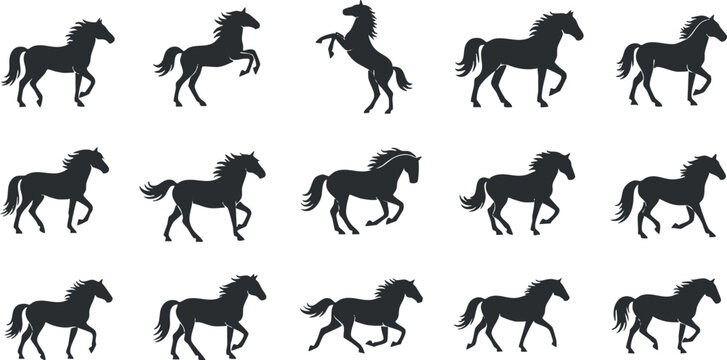 Stylized silhouette vector illustration collection of horses in various poses for seamless patterns and design projects