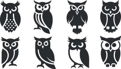 Stylized vector illustration set of eight black and white owl icons for branding, design projects, and educational materials