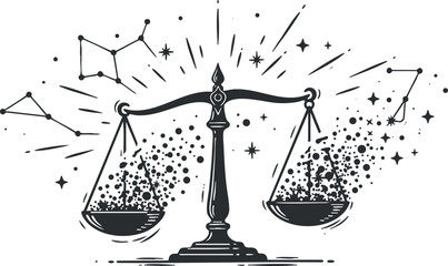 Stylized black and white vector illustration of symbolic scales of justice with cosmic elements and stars for legal and philosophical themes