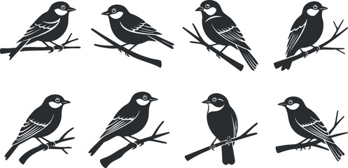 Obraz premium Set of black silhouette vector illustrations of birds perched on branches, ideal for nature-themed design projects.