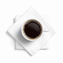 Overhead shot of a cup of black coffee on a white towel isolated on white background top view of coffee