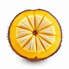Cross section of a ripe santol fruit isolated on white background, showcasing its unique segments and vibrant color