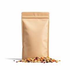 Brown kraft paper bag with mixed nuts isolated on white background, perfect for healthy snack packaging mockup