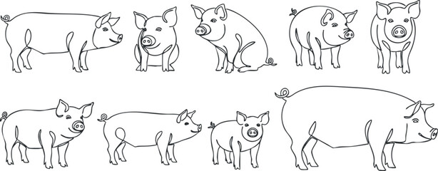 Cute outline vector illustration set of playful pigs in various poses for farm-themed projects and designs