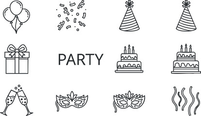 Fototapeta premium Set of minimalist outline vector icons for party themes including balloons, gifts, confetti, and celebration elements