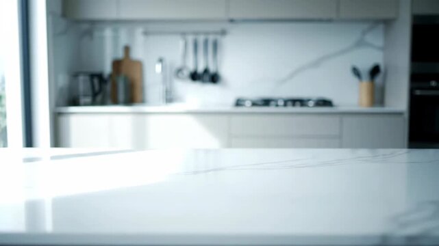 Kitchen counter with blurred modern appliances in background