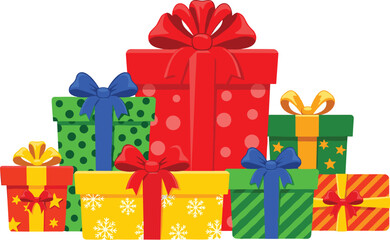 Bright colorful gift boxes with bows, festive holiday presents illustration, decorative wrapped packages collection, cheerful Christmas celebration design art