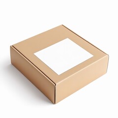 Square cardboard box with a white label isolated on white background, perfect for branding and product presentation