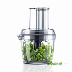 Closeup of a food processor filled with fresh parsley, isolated on white background, ready for food preparation