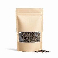 Beige paper bag with green tea isolated on white background packaging for loose tea, herbs, and spices