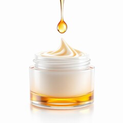 Closeup of a jar with cosmetic cream and a drop of oil falling on top isolated on white background
