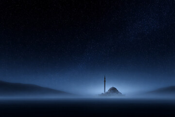 starry mosque sky, stars fill the night sky above the silhouette of a mosque, with a gentle blue mist and celestial glow
