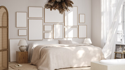 Mockup gallery wall  in light bohemian bedroom interior background, perspective panorama, 3d render