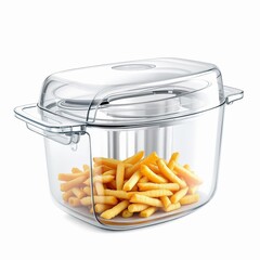 French fries in a clear plastic container isolated on white background, ready to be served and enjoyed