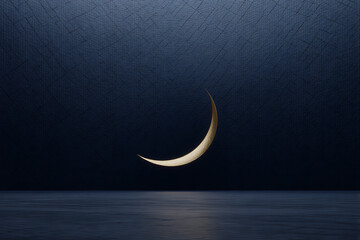 islamic inspired art, islamic geometric patterned background with radiant crescent, in indigo and gold hues