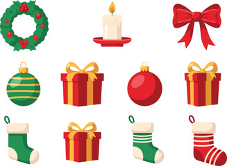 Collection of festive Christmas icons including wreath, gifts, ornaments, stockings, candle and bow for holiday decoration, cad drawing flat vector illustration