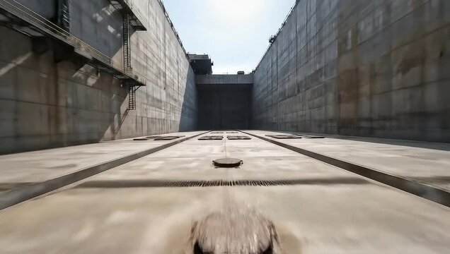 Drone Fast Vertical Crane Down Shot into Massive Empty Concrete Dry Dock Ship Basin.